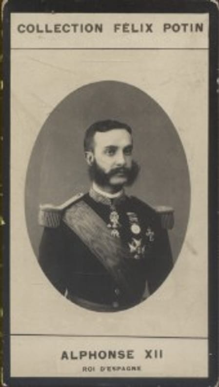 Photographie de la collection Félix Potin (4 x 7,5 cm) représentant : Alphonse XII - Roi d'Espagne.. ALPHONSE XII - Roi d'Espagne. 