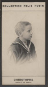 Photographie de la collection F&eacute;lix Potin (4 x 7,5 cm) repr&eacute;sentant : Christophe - Prince de Gr&egrave;ce.. CHRISTOPHE - Prince de Gr&egrave;ce 