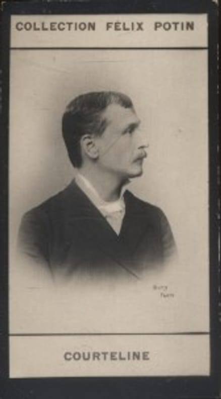 Photographie de la collection Félix Potin (4 x 7,5 cm) représentant : Courteline, homme de lettres.. COURTELINE (Georges) Photo Bary.