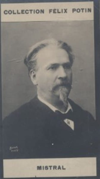 Photographie de la collection F&eacute;lix Potin (4 x 7,5 cm) repr&eacute;sentant : Fr&eacute;d&eacute;ric Mistral, homme de lettres.. MISTRAL (Fr&eacute;d&eacute;ric) Photo Boyer.