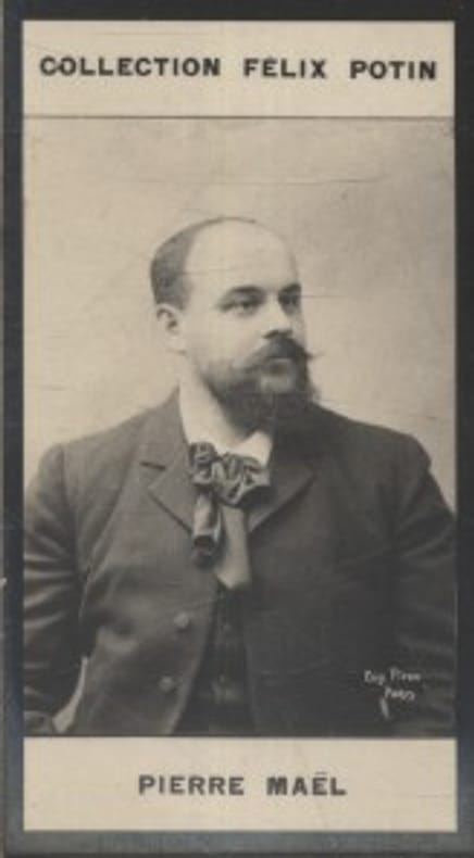 Photographie de la collection Félix Potin (4 x 7,5 cm) représentant : Pierre Maël, homme de lettres.. MAEL (Pierre) Photo Eugène Pirou.