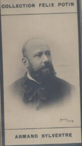 Photographie de la collection Félix Potin (4 x 7,5 cm) représentant : Armand Sylvestre, homme de lettres.