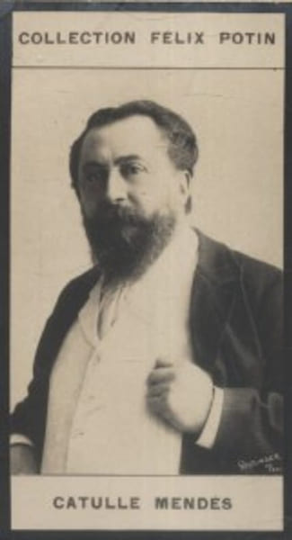Photographie de la collection F&eacute;lix Potin (4 x 7,5 cm) repr&eacute;sentant : Catulle Mend&egrave;s, homme de lettres.. MENDES (Catulle) Photo Reutlinger.