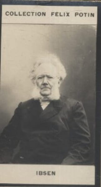 Photographie de la collection F&eacute;lix Potin (4 x 7,5 cm) repr&eacute;sentant : Henrik Ibsen, &eacute;crivain norv&eacute;gien.. IBSEN (Henrik) 
