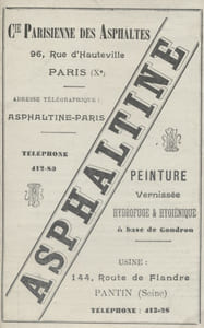 Asphaltine. Compagnie parisienne des asphaltes. Peinture vernissée hydrofuge et hygiénique à base de goudron. Tarif et palette illustrée en couleurs.