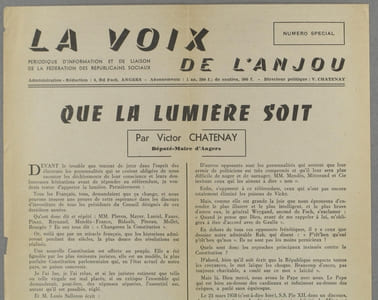 La voix de l'Anjou. Périodique d'information et de liaison de la Fédération des Républicains sociaux. Numéro spécial. Que la lumière soit. Tract de Victor Chatenay - Député-Maire d'Angers favorable au vote Oui au référendum sur la constitution de 1958.