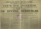 Affiche de notaire pour la vente de diverses propriétés à Angers et alentours, dont un vaste Hôtel rue Chevreul, numéros 19 et 21. Affiche imprimée ...