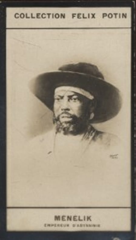 Photographie de la collection Félix Potin (4 x 7,5 cm) représentant : Empereur Ménélik - Négus d'Abyssinie.. MENELIK (Empereur d'Abyssinie) 