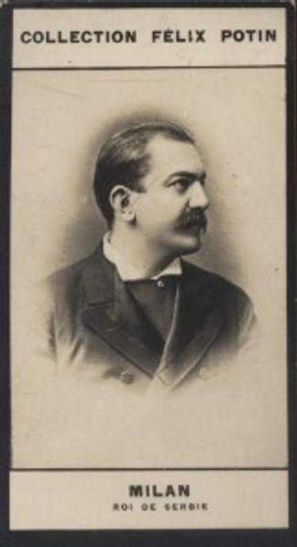 Photographie de la collection Félix Potin (4 x 7,5 cm) représentant : Milan Ier de Serbie.. MILAN Ier (Roi de Serbie) 