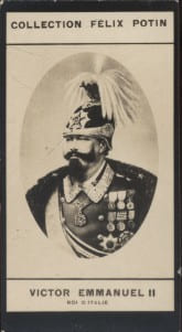 Photographie de la collection F&eacute;lix Potin (4 x 7,5 cm) repr&eacute;sentant : Victor Emmanuel II - Roi d'Italie.. VICTOR EMMANUEL II (Roi d'Italie) 