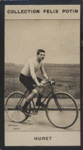 Photographie de la collection F&eacute;lix Potin (4 x 7,5 cm) repr&eacute;sentant : Constant Huret, coureur cycliste.. HURET (Constant) Photo Barenne.