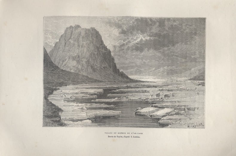 Vall&eacute;e et rocher de l'Ak-Tach. Gravure extraite de la G&eacute;ographie universelle d'Elis&eacute;e Reclus.. AK-TACH 