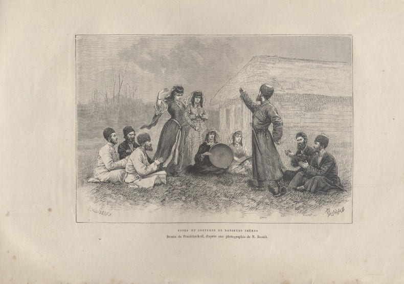 Types et costumes de danseurs Im&egrave;res. Gravure extraite de la G&eacute;ographie universelle d'Elis&eacute;e Reclus.. IMERES 