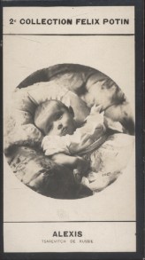 Photographie de la collection Félix Potin (4 x 7,5 cm) représentant : Alexis Nicolaiévitch, tsarévitch de Russie, né en 1904 à Péterhof, photographié ...