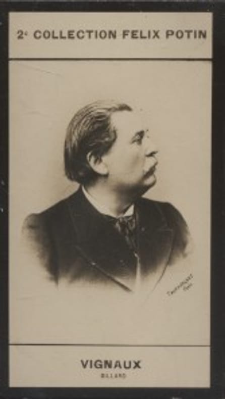 Photographie de la collection Félix Potin (4 x 7,5 cm) représentant : Charles Vignaux, joueur de billard.. VIGNAUX Charles - (Photo de la 2e ...