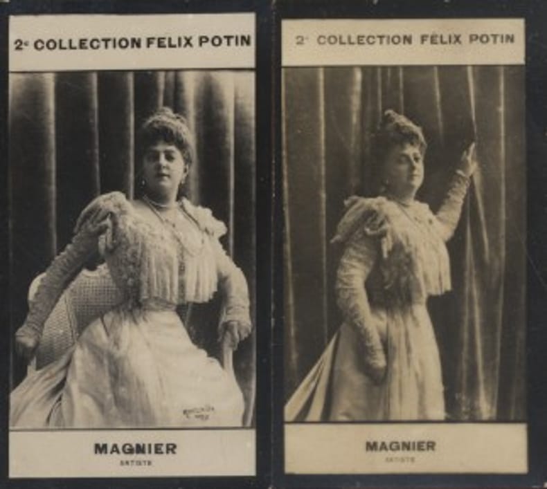 Photographies de la collection Félix Potin (4 x 7,5 cm) représentant : Marie Magnier, comédienne.. MAGNIER (Marie) - (2 photos de la 2e collection ...