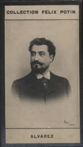 Photographie de la collection Félix Potin (4 x 7,5 cm) représentant : Albert-Raymond Gourron, dit Alvarez. Chanteur d'opéra.