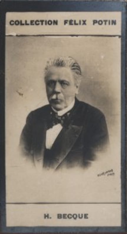 Photographie de la collection Félix Potin (4 x 7,5 cm) représentant : Henri Becque, homme de lettres.. BECQUE (Henri) Photo Reutlinger.