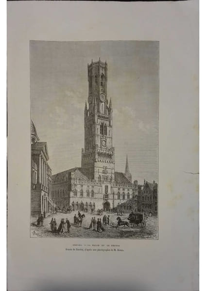 Bruges. La halle et le beffroi. Gravure extraite de la G&eacute;ographie universelle d'Elis&eacute;e Reclus.. BRUGES 