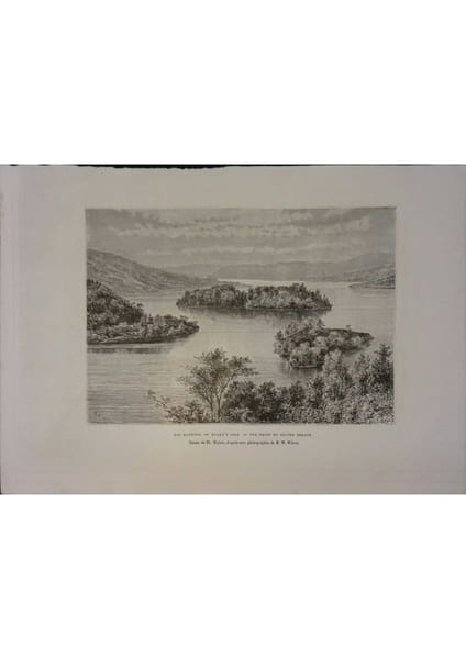 Lac Katrine. Ellen's isle. Vue prise du Silver Strand. Gravure extraite de la G&eacute;ographie universelle d'Elis&eacute;e Reclus.. ECOSSE 