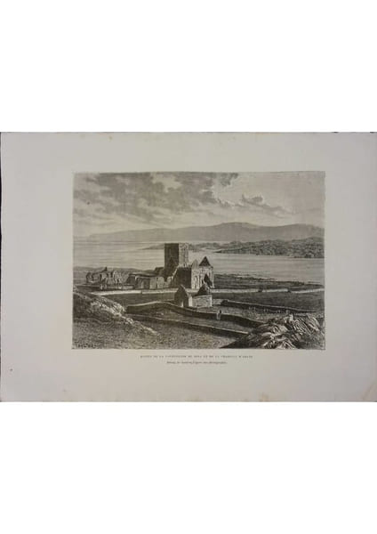 Ruines de la Cath&eacute;drale de Iona et de la chapelle d'Orans. Gravure extraite de la G&eacute;ographie universelle d'Elis&eacute;e Reclus.. ECOSSE 