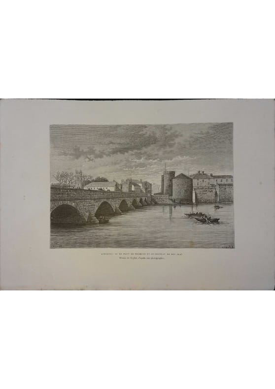 Limerick. Le pont de Thomond et le château du roi Jean. Gravure extraite de la Géographie universelle d'Elisée Reclus.. LIMERICK 
