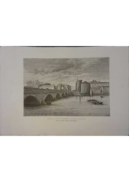 Limerick. Le pont de Thomond et le ch&acirc;teau du roi Jean. Gravure extraite de la G&eacute;ographie universelle d'Elis&eacute;e Reclus.. LIMERICK 