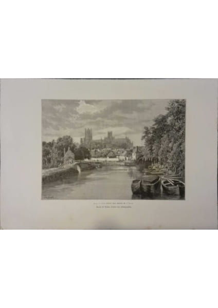 Ely. Vue prise des bords de l'Ouse. Gravure extraite de la G&eacute;ographie universelle d'Elis&eacute;e Reclus.. ELY 