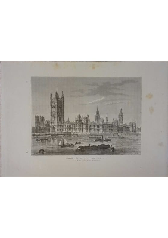 Londres. Le Parlement, vue prise de Lambeth. Gravure extraite de la Géographie universelle d'Elisée Reclus.. LONDRES 