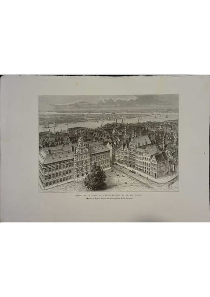 Anvers. La place de l'H&ocirc;tel-de-Ville et le Bas-Escaut. Gravure extraite de la G&eacute;ographie universelle d'Elis&eacute;e Reclus.. ANVERS 