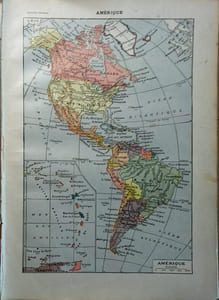 Carte en couleurs de l'Amérique (Nord et Sud). Carte extraite du Larousse universel en 2 volumes.
