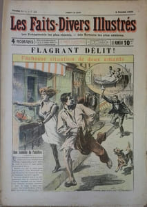 Les faits-divers illustrés. 2 e année, numéro 50. Gravure en couleurs en première page : Flagrant délit: fâcheuse situation de deux amants, une comédie de l'adultère.