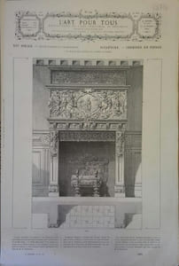L'art pour tous, encyclopédie de l'art industriel et décoratif. N° 252. Contient 4 gravures en noir et blanc : Cheminée en pierre (musée de l'Hôtel Cluny - 16e siècle) - Aiguières en porcelaine (Art persan - 16e siècle) - Fronton du théâtre d'Angers par F. Taluet et Bloch (dix-9e siècle) - Vase en cuivre repoussé (Art arabe - 16e siècle).