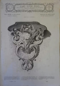 L'art pour tous, encyclopédie de l'art industriel et décoratif. N° 337. Contient 4 gravures en noir et blanc : Console en bois doré, dessin de Villeminot (17e siècle) - Ceinture en argent ciselé et doré et prix de l'arbalète (14e et 15e siècles) - Vases divers en bronze (Art japonais ancien) - Table et meuble à deux portes d'après Vredman Vriese (16e siècle).