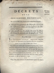 Décrets de la Convention nationale. 1 : Acquéreurs des domaines nationaux. 2 : Vente des biens des émigrés.