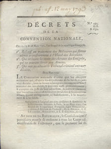 Décrets de la Convention nationale. 1 : Traitement des militaires admis aux Invalides. 2 : Vente des chevaux des émigrés. 3 : Tribunal criminel extraordinaire.