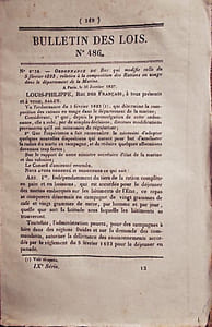 Bulletin des lois. Contient, entre autres, l'ordonnance du Roi relative à la composition des rations en usage dans le département de la marine.(12 pages).