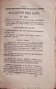 Bulletin des lois. Contient, entre autres, l'ordonnance du Roi concernant l'organisation judiciaire du Sénégal (11 pages).