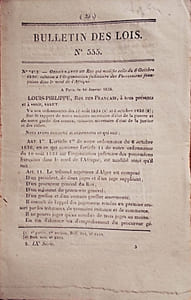 Bulletin des lois. Contient l'ordonnance du Roi (2 pages) qui autorise l'établissement d'une passerelle suspendue sur la Garonne, entre la ville d'Agen et le bourg du Passage (Lot-et-Garonne).