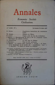 Annales. Economies-sociétés-civilisations. Revue bimestrielle 21e année N° 5. Classification hiérarchisée des numérations écrites (G. Guitel) - Allégorie de l'hiver (W. Endrei) - Origine arabe de l'art des troubadours (R. Lemay) - Cartes historiques des cultures vivrières - Le maïs dans les Balkans ( T. Stoianovich) - Dans la forêt québecoise (J. Rousseau) - La relation arabe d'Ibrahim b. Ya'qub (A. Miquel) - J.-C. Mariatégui et le modèle du communisme inca (R. Paris) - Le krach du marché du Wampum (J. Rousseau) ...
