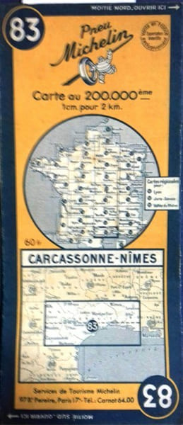 Ancienne Carte Michelin N&deg; 83 : Carcassonne - N&icirc;mes. Carte au 200.000e.. CARTE MICHELIN 