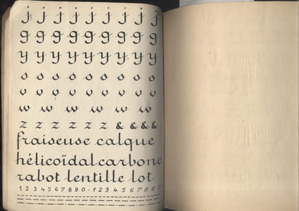 Cahier d'écriture, procédé Deloffre. Ecritures industrielles. Ronde, batârde, bâton.
