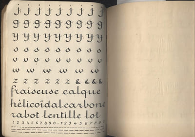 Cahier d'écriture, procédé Deloffre. Ecritures industrielles. Ronde, batârde, bâton.