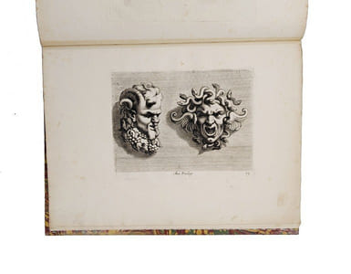 Diverses figures à l'eau forte de petits Amours, Anges vollants, et Enfans, propre a mettre sur frontons portes et autres lieux. Ensemble plus.rs sortes de masques de l'invention de Paul Farinaste italien.
