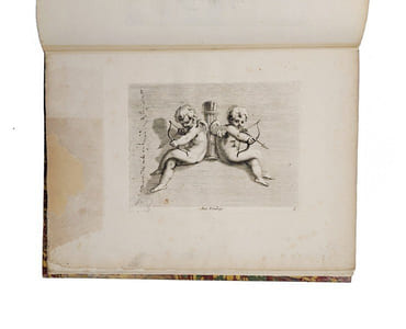 Diverses figures à l'eau forte de petits Amours, Anges vollants, et Enfans, propre a mettre sur frontons portes et autres lieux. Ensemble plus.rs sortes de masques de l'invention de Paul Farinaste italien.