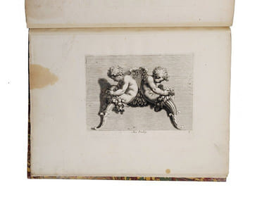 Diverses figures à l'eau forte de petits Amours, Anges vollants, et Enfans, propre a mettre sur frontons portes et autres lieux. Ensemble plus.rs sortes de masques de l'invention de Paul Farinaste italien.