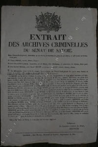 EXTRAIT DES ARCHIVES CRIMINELLES DU SENAT DE SAVOIE. entre l' Avocat-fiscal-général, demandeur en cas d' excès, soustraction de pièces de procédures, et enlèvement de limites d' une part; et Joseph DOCHE, accusé, détenu, d' autre; et entre l' avocat-fiscal-général, demandeur, en cas d' excès, faux témoignage, et subordination de témoins, d' une part; et Jean-Baptiste DOCHE, ledit Joseph DOCHE, et Georges PIOLET, accusés détenus, d'autre.