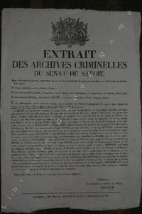 EXTRAIT DES ARCHIVES CRIMINELLES DU SENAT DE SAVOIE. entre l' Avocat-fiscal-général, demandeur en cas d' excès, soustraction de pièces de procédures, et enlèvement de limites d' une part; et Joseph DOCHE, accusé, détenu, d' autre; et entre l' avocat-fiscal-général, demandeur, en cas d' excès, faux témoignage, et subordination de témoins, d' une part; et Jean-Baptiste DOCHE, ledit Joseph DOCHE, et Georges PIOLET, accusés détenus, d'autre.