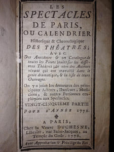 LES SPECTACLES DE PARIS OU CALENDRIER DES THEATRES. 1776. 