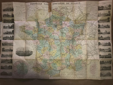 NOUVELLE CARTE ROUTIERE DE FRANCE indiquant les Routes Impériales et Départementales avec les distances en kilomètres, les chemins de Fer , Canaux , ...
